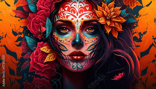 Mexican festival known as Day of the Dead with maxican girl portrait wearing carnival mask of the day of the dead, Generative ai © Deep Ai Generation