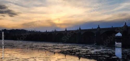 Wallpaper Mural water, sky, sunset, river, bridge, landscape, architecture, clouds, sun, nature, evening, cloud Torontodigital.ca