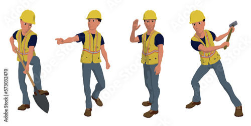 construction worker hard hat yellow bib cartoon many positions vector illustration