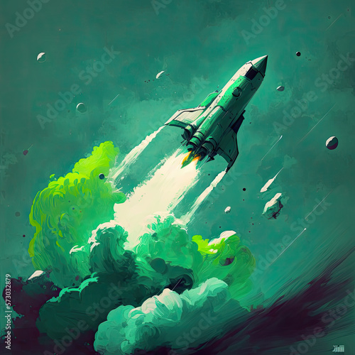 Rocket flying through the clouds, acrylic palette. Generative AI illustration. © Vitaly Art