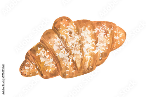 Vector croissant dusted with icing sugar. Hand drawn watercolor food pastry illustration for menu, cafe. Isolated on white background.