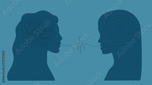 The concept of psychological help or training. Two female silhouettes lead a dialogue, help and support in a difficult, confusing situation.