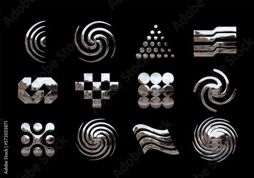 Metallic chrome abstract shapes. Set of modern design elements in Y2K style. Vector geometric symbols in retro futurism aesthetics