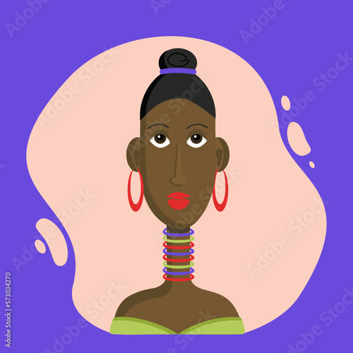 Black woman. Dark-skinned African woman. Cartoon vector illustration. African American girl with colorful jewelry. The background is isolated.
