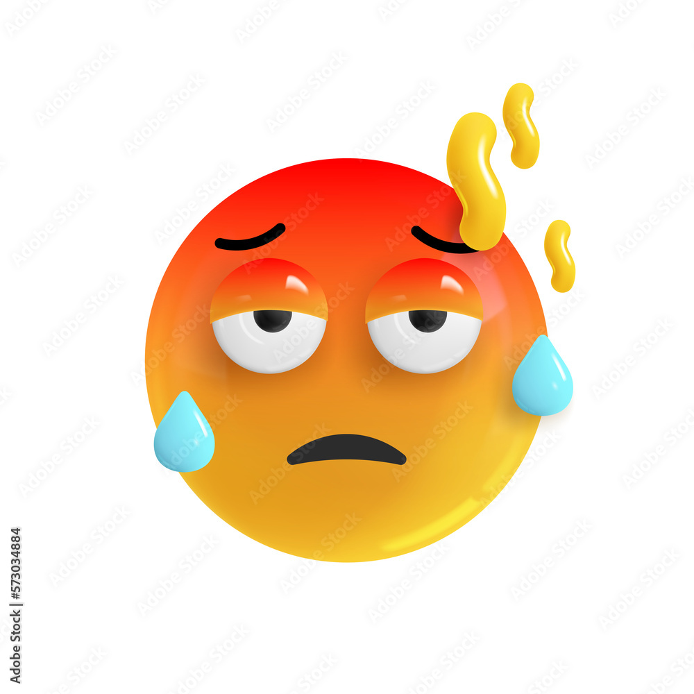 Emoji face very hot. Realistic 3d design. Emoticon yellow glossy color. Icon in plastic cartoon style isolated on white background. PNG. Illustration