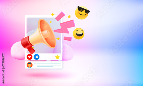 Yellow megaphone with social media announce. 3d vector banner with copy space