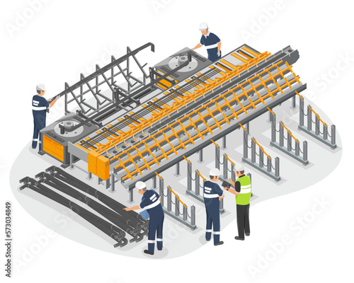 Employee Worker working on Big Danger Machine on factory worksite and inspection safty engineer inspecting industrial steel bar manufacturing Risky job concept illustration isometric isolated vector
