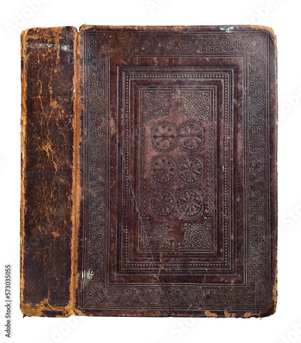 Antique leather-bound book cover. Ancient bible cover early 18th century.