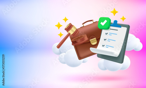 Judicial hammer, briefcase and verdict with checkmark. 3d vector banner with copy space