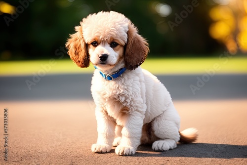 A smiling little puppy of a light brown poodle , generative ai. Cute dog and good friend