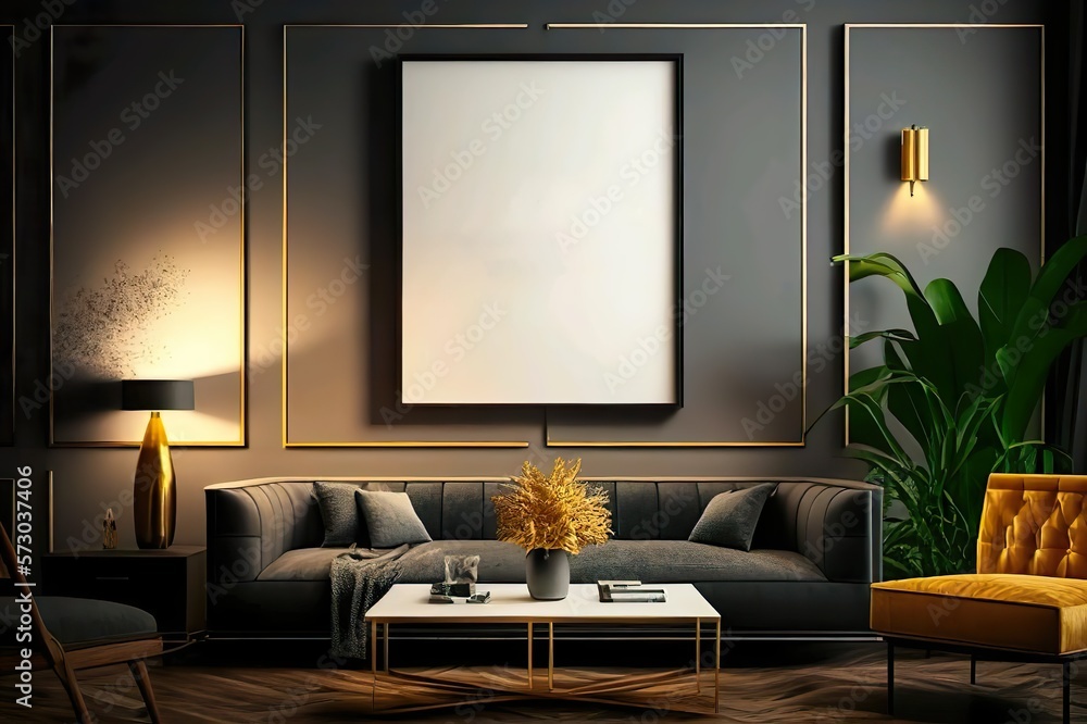 Mockup - Poster rahmen an der Wand des Wohnzimmers. Luxuriöser Apartmenthintergrund mit zeitgenössischem Design. Modernes Innendesign. generative AI Mockup - Poster rahmen an der Wand des Wohnzimmers. Luxuriöser Apartmenthintergrund mit zeitgenössischem Design. Modernes Innendesign. generative AI