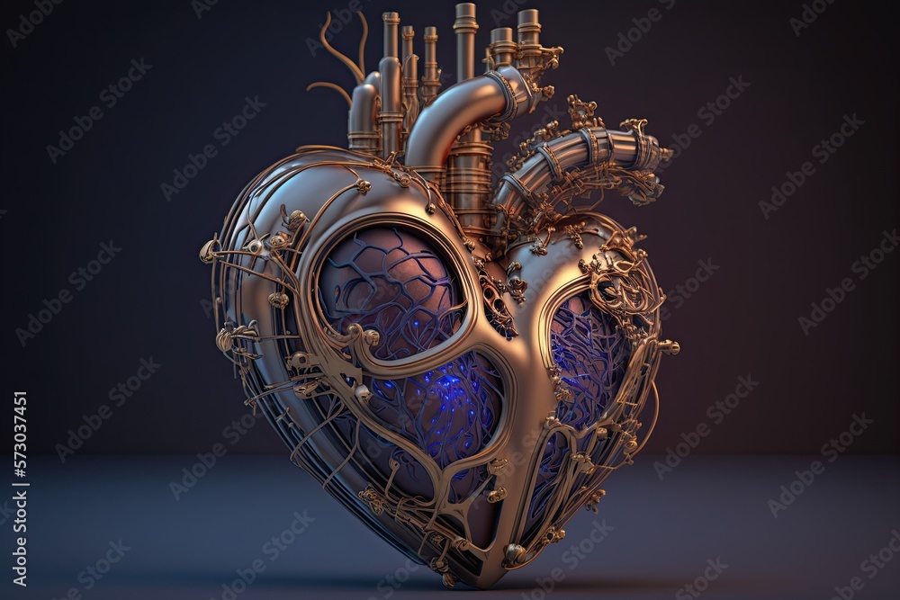 Mechanical Heart Of Cyborg Robot Made Of Gold Metal Anatomically Shaped 