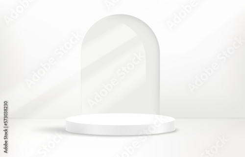 illuminated empty bright interior with podium. Design template. 3d vector background