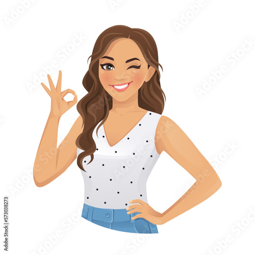 Young beautiful woman gesturing ok sign isolated vector illustration