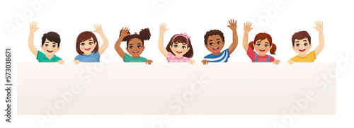 Smiling kids boys and girls holding empty blank board waving hands isolated vector illustration. Multiethnic happy children standing with placard.