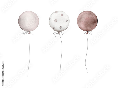 Watercolor yellow air balloons on white background. Birthday balloons for party invitation. Round inflatable balls of natural shades - white  beige  brown  grey  gold  silver  bronze  dot