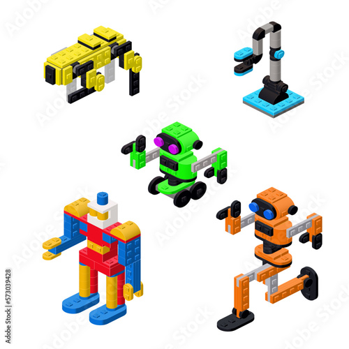 Set of robots assembled from plastic blocks in isometric style for printing and decoration.Vector illustration.