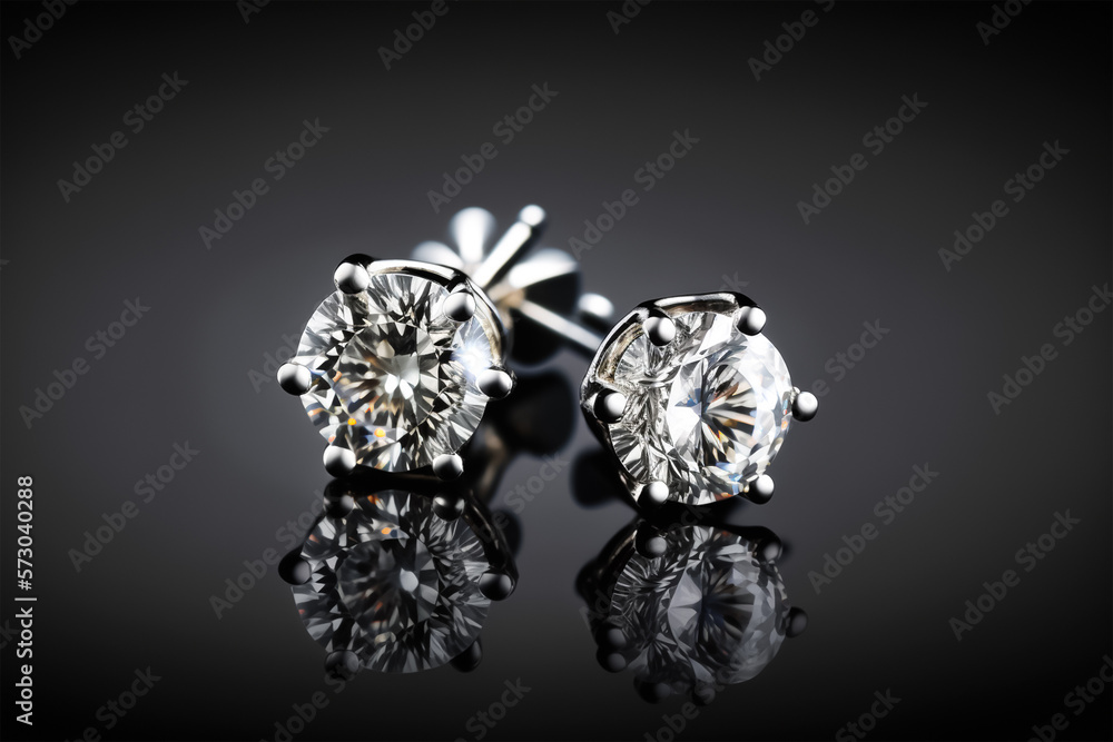Elegant shiny Sparky platinum and diamond earrings with black background. Generative AI