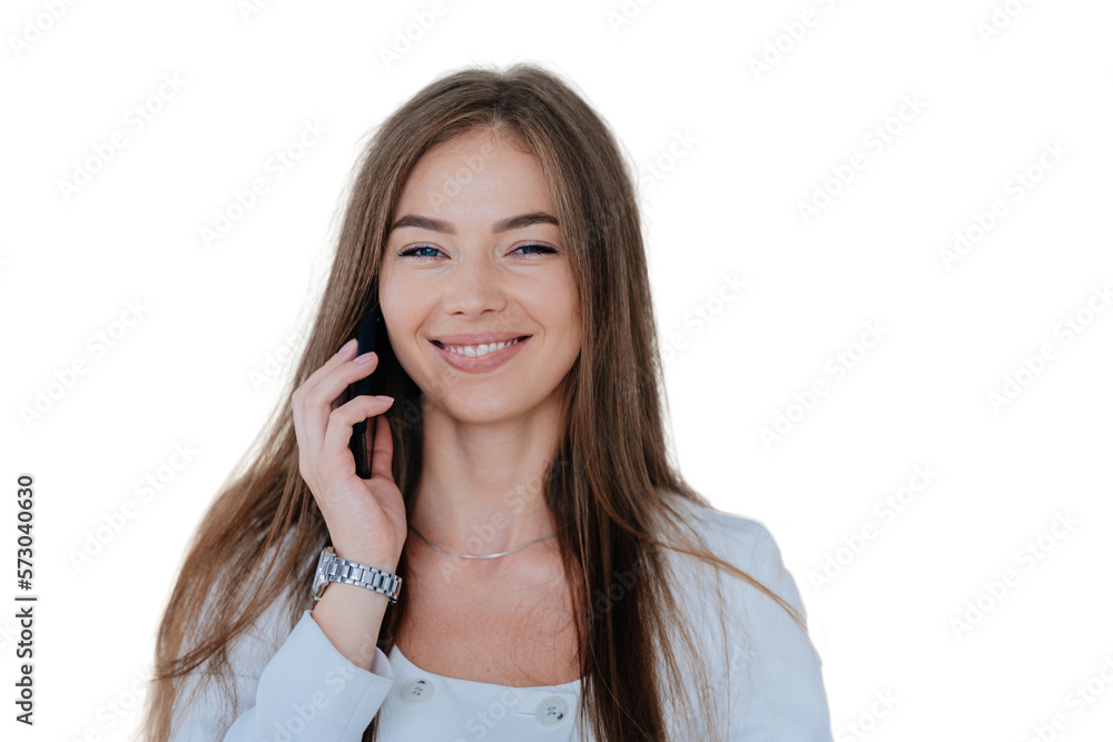 Close up portrait of cheerful blonde young woman talking by phone, smiling wide looks at camera. Attractive Italian businesswoman using cellphone against transparent background. Mockup, communication Close up portrait of cheerful blonde young woman talking by phone, smiling wide looks at camera. Attractive Italian businesswoman using cellphone against transparent background. Mockup, communication
