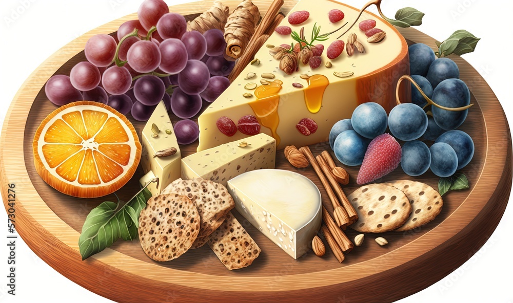a plate of cheese, crackers, grapes, oranges and nuts. generative ai a plate of cheese, crackers, grapes, oranges and nuts. generative ai