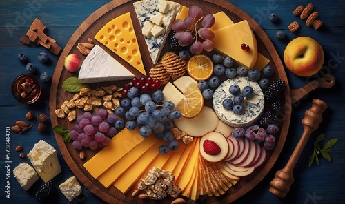  a plate of cheese, fruit, and crackers on a table. generative ai