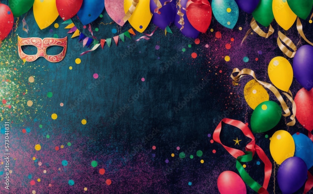 Mardi Gras, balloons, streamers, confetti, and colorful carnival or