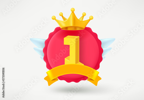 Game rank emblem with number 1 and wings. Game achievement 3d badge isolated on white background