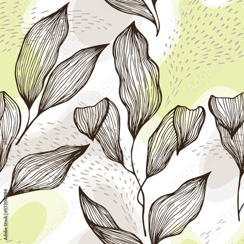 Sketch style doodle line texture leaves over stains and dots seamless vector ...