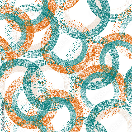 Circle ring shapes of dots contemporary vector seamless pattern.