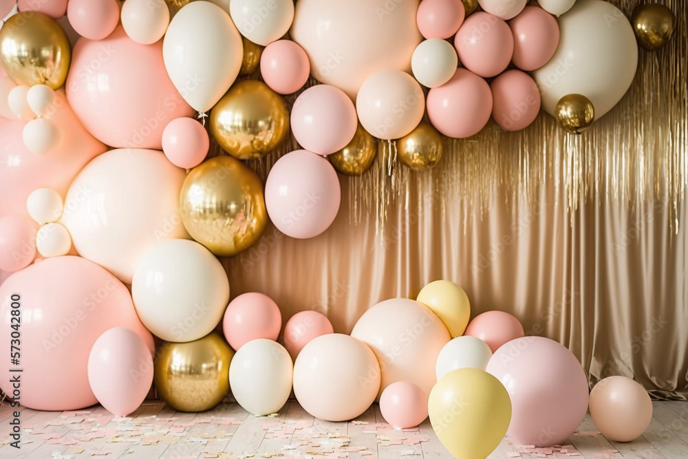 Pink and Metallic Gold Balloon Backdrop Wedding Shower Party Birthday Celebration Generative AI
