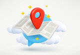 Red navigation pin on paper map. Travel concept. 3d vector illustration