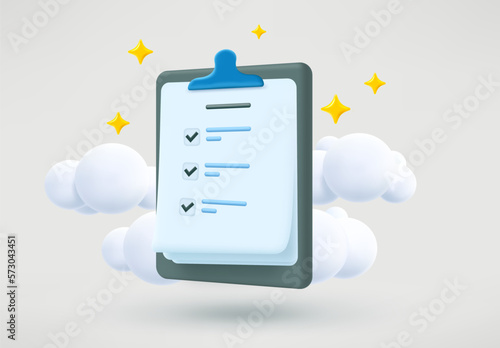 Survey questions list on the clipboard. Business report concept. 3d vector illustration