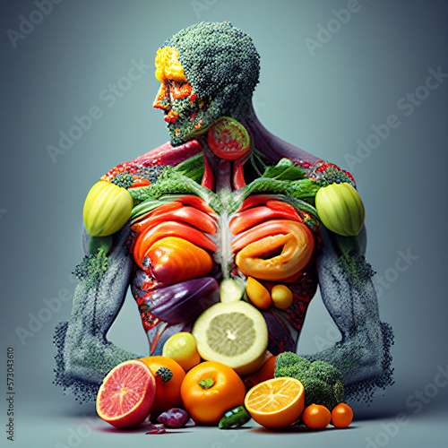 The human body in the form of fruits and vegetables, created using Generative All Technology