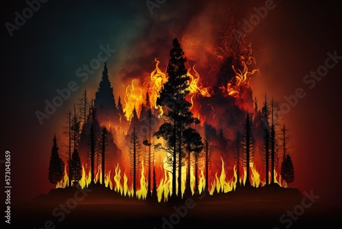 Natural disaster: Forest is on fire. Wildfire at night. Burning trees, clouds of smoke. AI