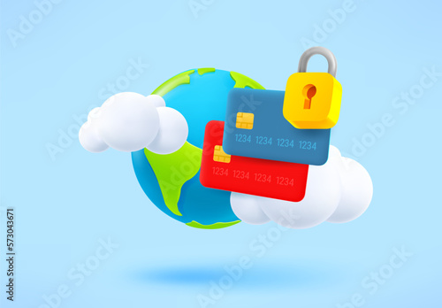 Global payment concept with plastic cards, padlock and the Earth. 3d vector illustration