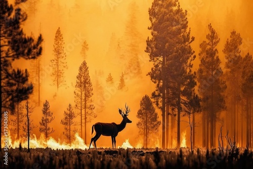 Natural disaster: Forest is on fire. Wildfire at night. Burning trees, clouds of smoke. AI