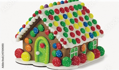  a gingerbread house decorated with candy and candies on a white background.  generative ai