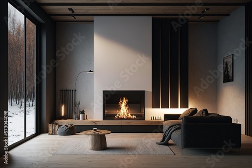 a lit fireplace in a modern interior