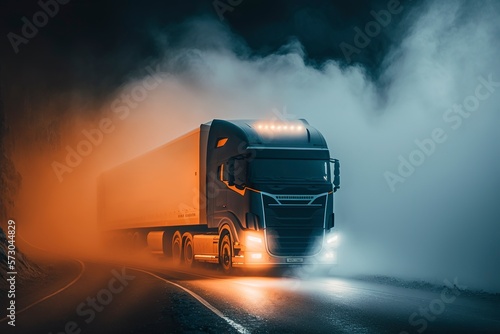 Modern truck on the road in foggy weather