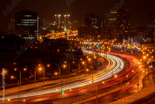 Traffic, view from above. Basarab Bridge landmark, photo during the night.