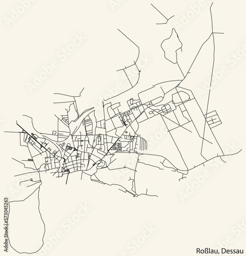 Detailed hand-drawn navigational urban street roads map of the ROSSLAU BOROUGH of the German town of DESSAU, Germany with vivid road lines and name tag on solid background