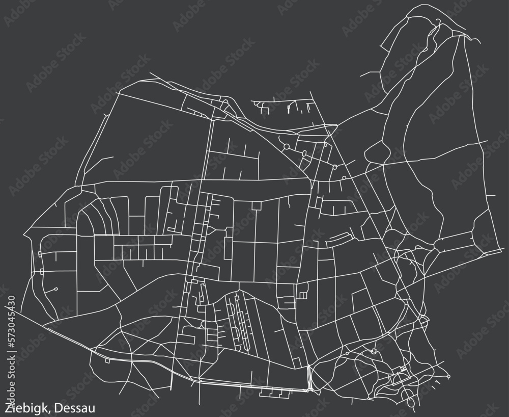 Detailed hand-drawn navigational urban street roads map of the ZIEBIGK BOROUGH of the German town of DESSAU, Germany with vivid road lines and name tag on solid background