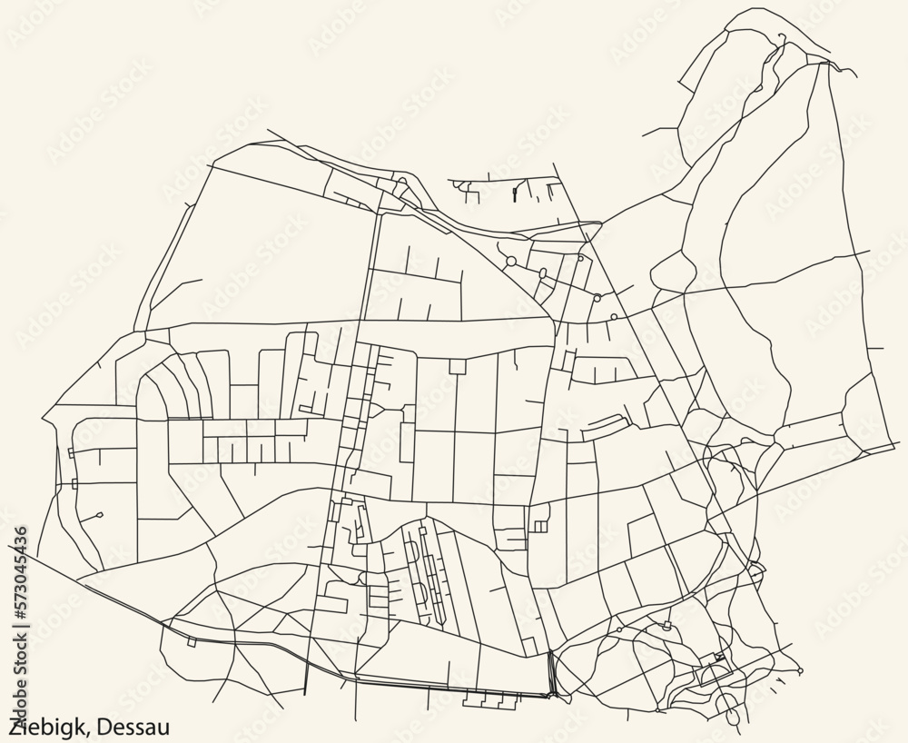 Naklejka premium Detailed hand-drawn navigational urban street roads map of the ZIEBIGK BOROUGH of the German town of DESSAU, Germany with vivid road lines and name tag on solid background