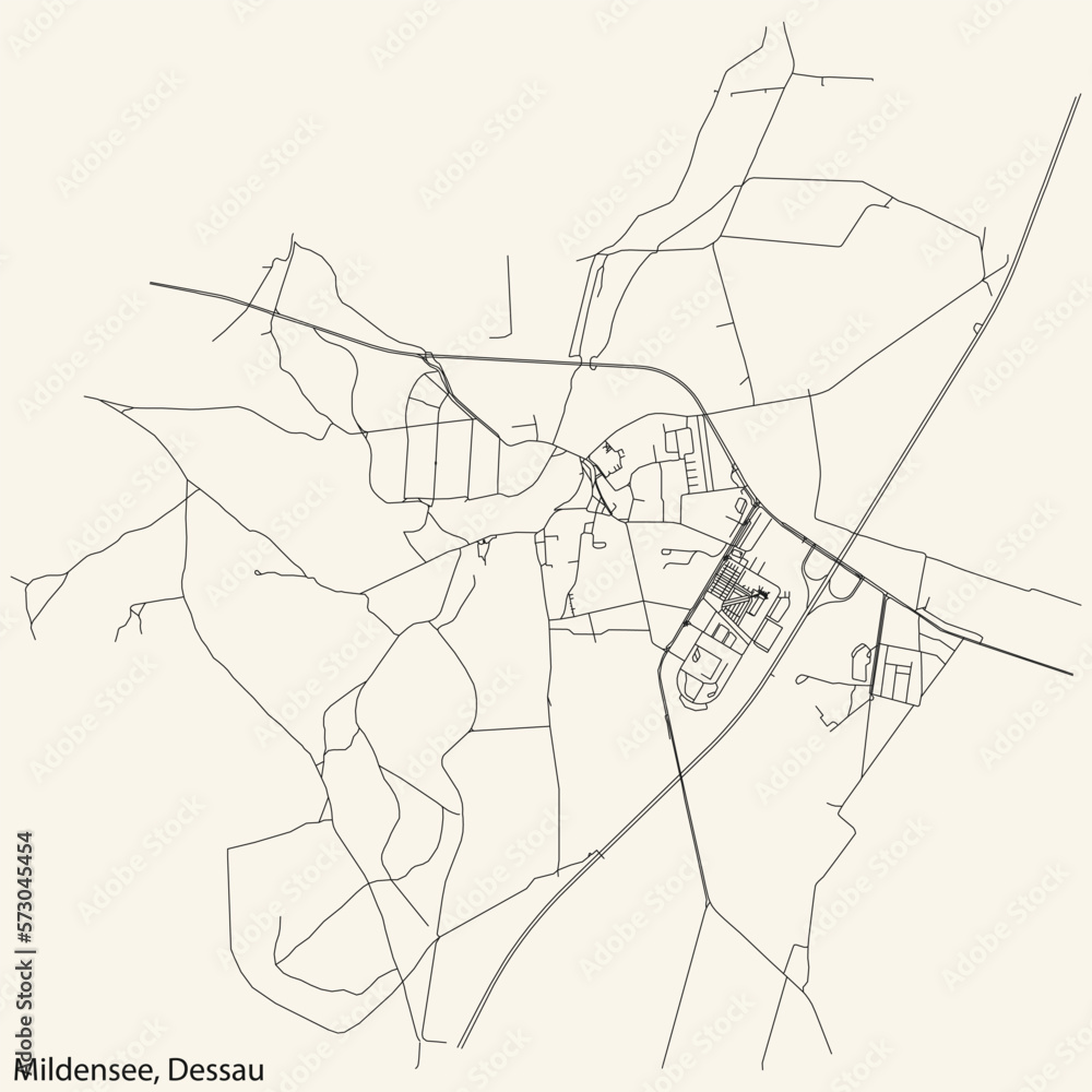 Detailed hand-drawn navigational urban street roads map of the MILDENSEE BOROUGH of the German town of DESSAU, Germany with vivid road lines and name tag on solid background