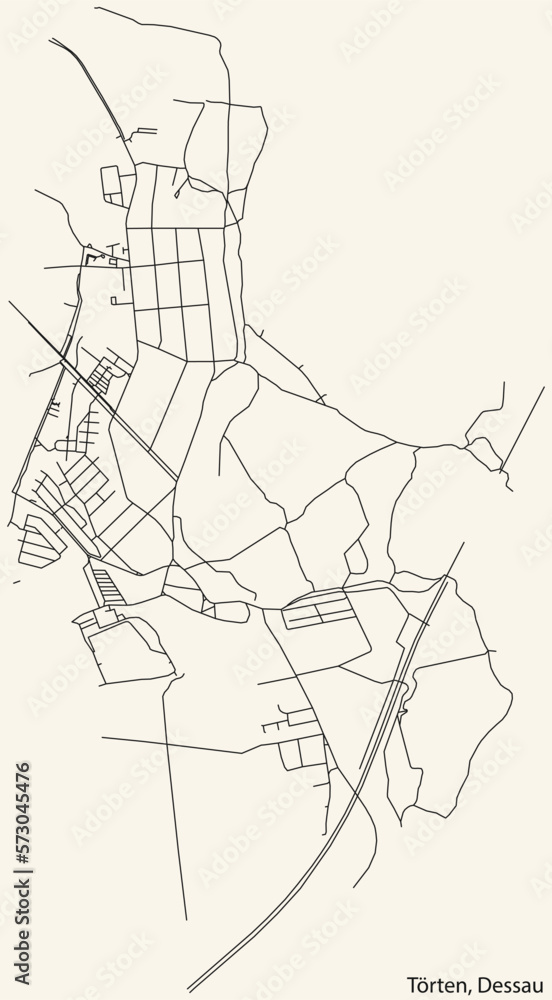 Detailed hand-drawn navigational urban street roads map of the TÖRTEN BOROUGH of the German town of DESSAU, Germany with vivid road lines and name tag on solid background