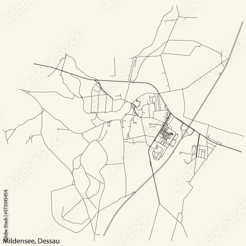 Detailed hand-drawn navigational urban street roads map of the MILDENSEE BOROUGH of the German town of DESSAU  Germany with vivid road lines and name tag on solid background