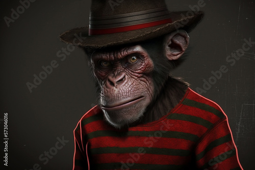 Fotografering Portrait of scary chimpanzee with hat and pullover, horror movie style, generative AI