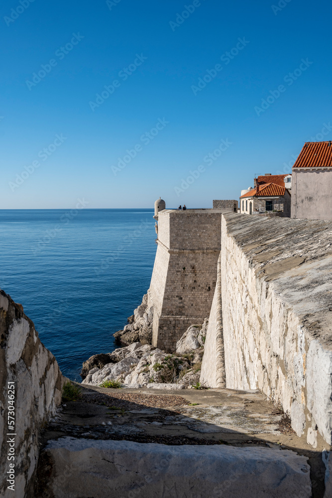 Wonderful medieval fortified walls of Dubrovnik, Croatia, rising above the sea, set of popular TV show with knights and dragons