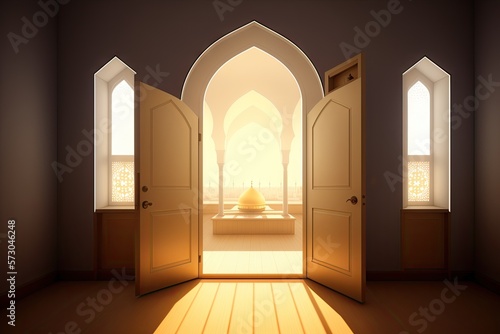 Islamic background painting. Mosque and shadows. Light rays from mosque window or door. Prayer's vision, generative ai. Muslim art.