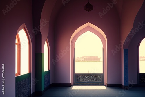 Islamic background painting. Mosque and shadows. Light rays from mosque window or door. Prayer s vision  generative ai. Muslim art.